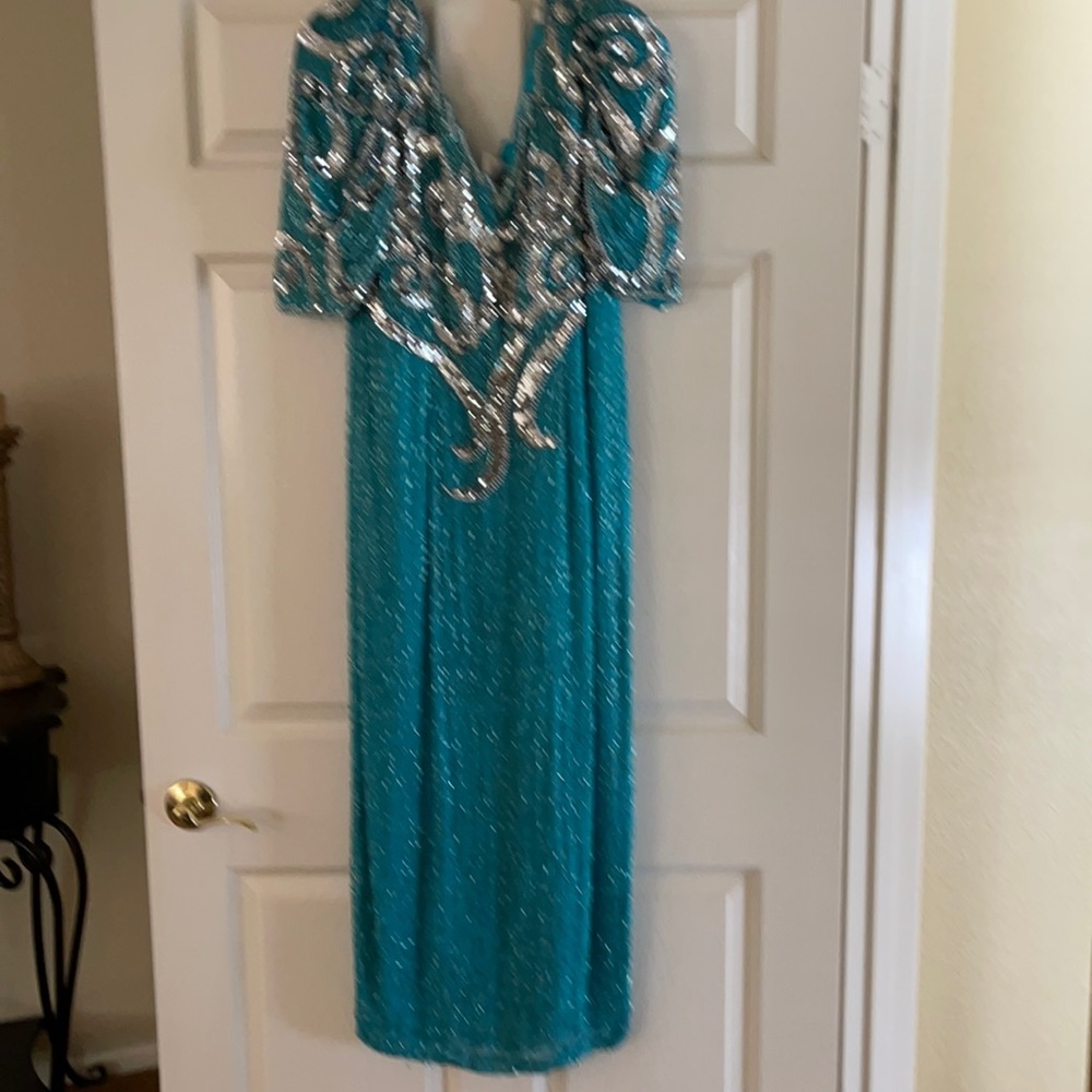 Turquoise beaded long evening dress